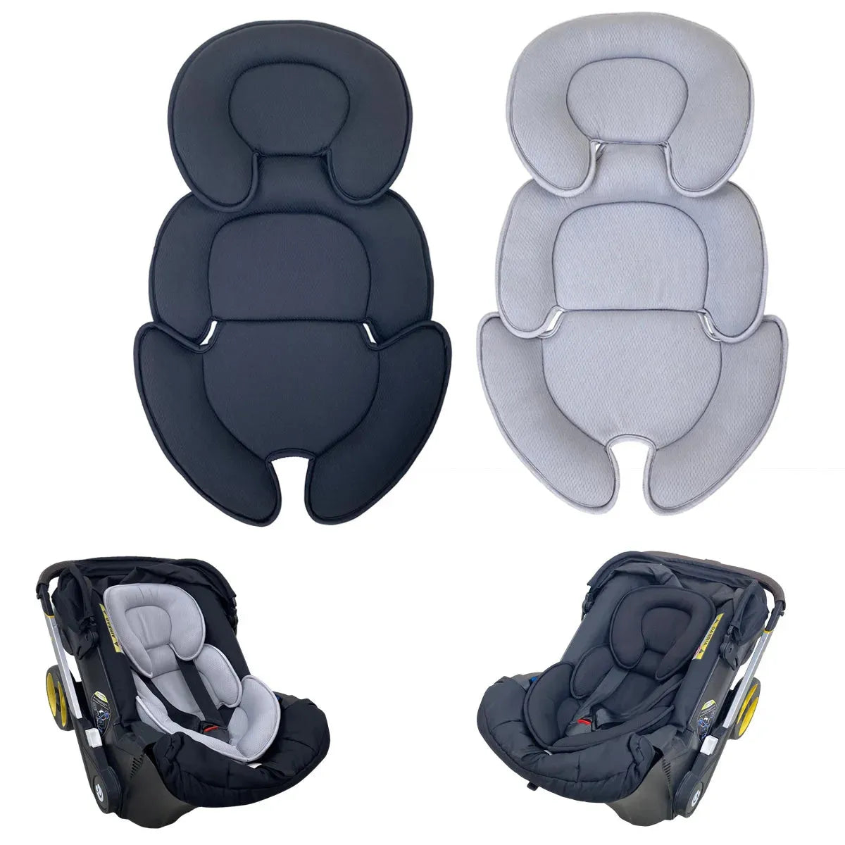 Two universal baby stroller and car seat support cushions, one black and one light gray, shown alone and installed in car seats.