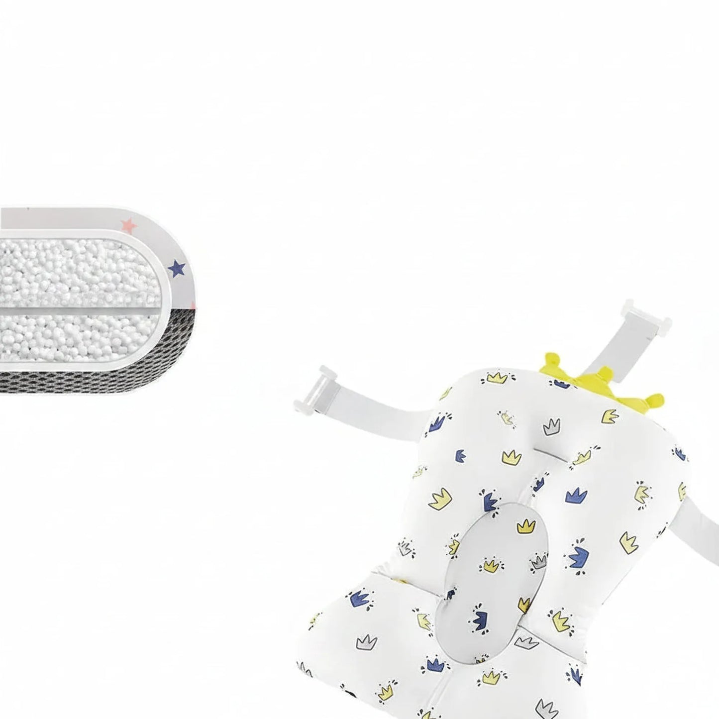 White baby bath support cushion with crown print, adjustable straps, and soft filling.