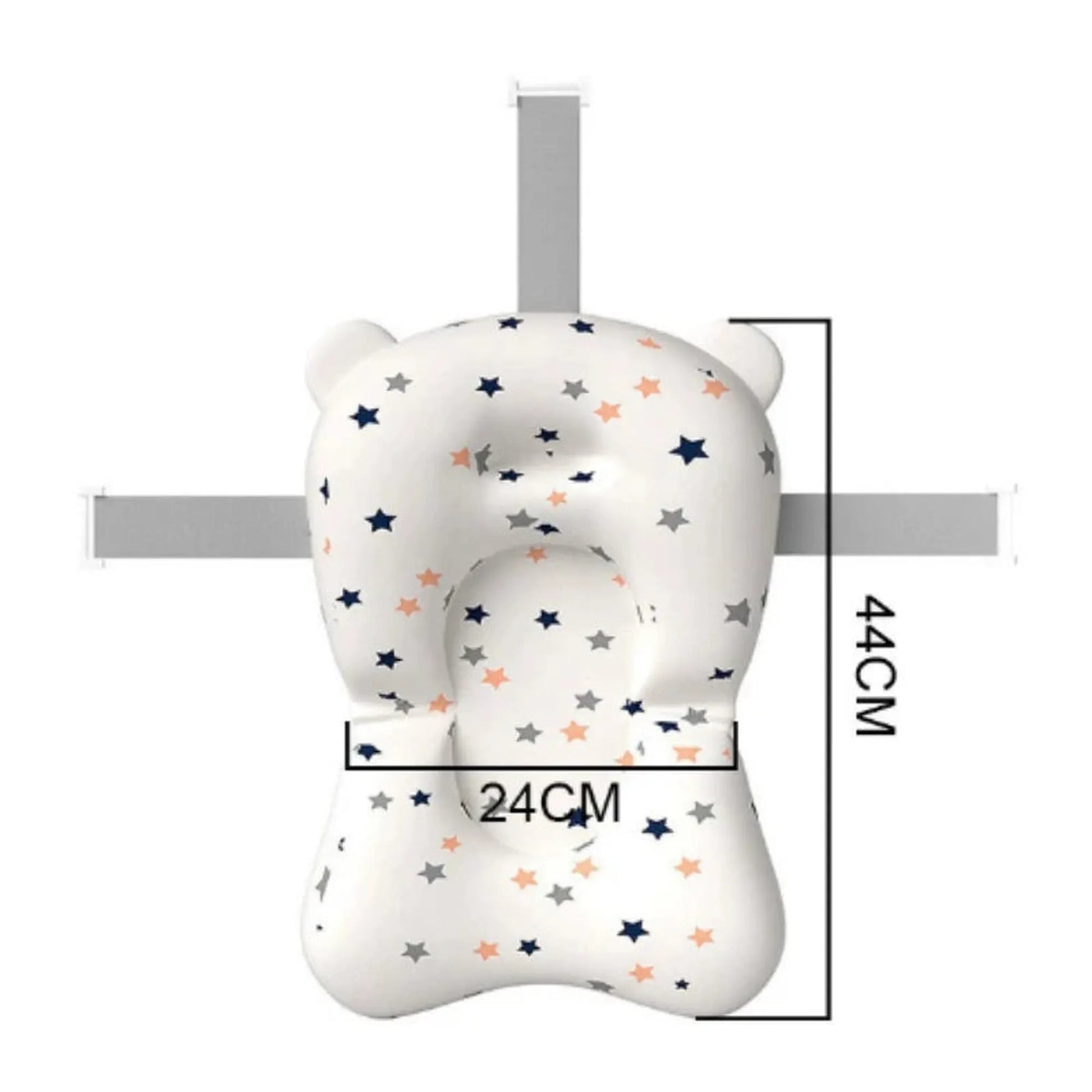 White baby bath support cushion with colorful stars, bear ears, and adjustable straps.