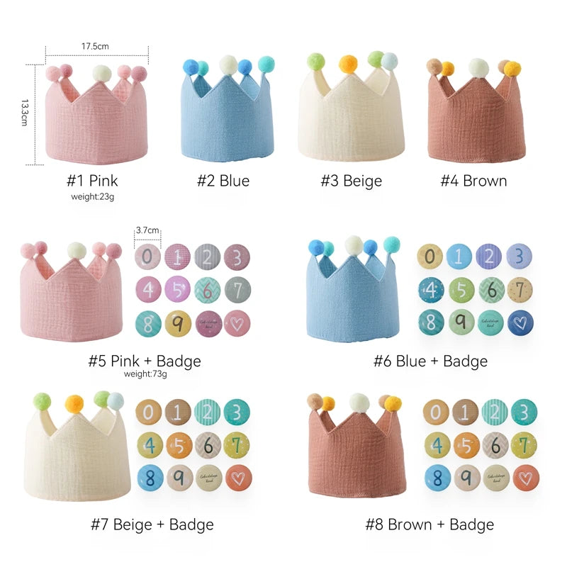 Baby birthday crown with colorful pom-poms, available in pink, blue, beige, and brown cotton, with optional numbered badges.