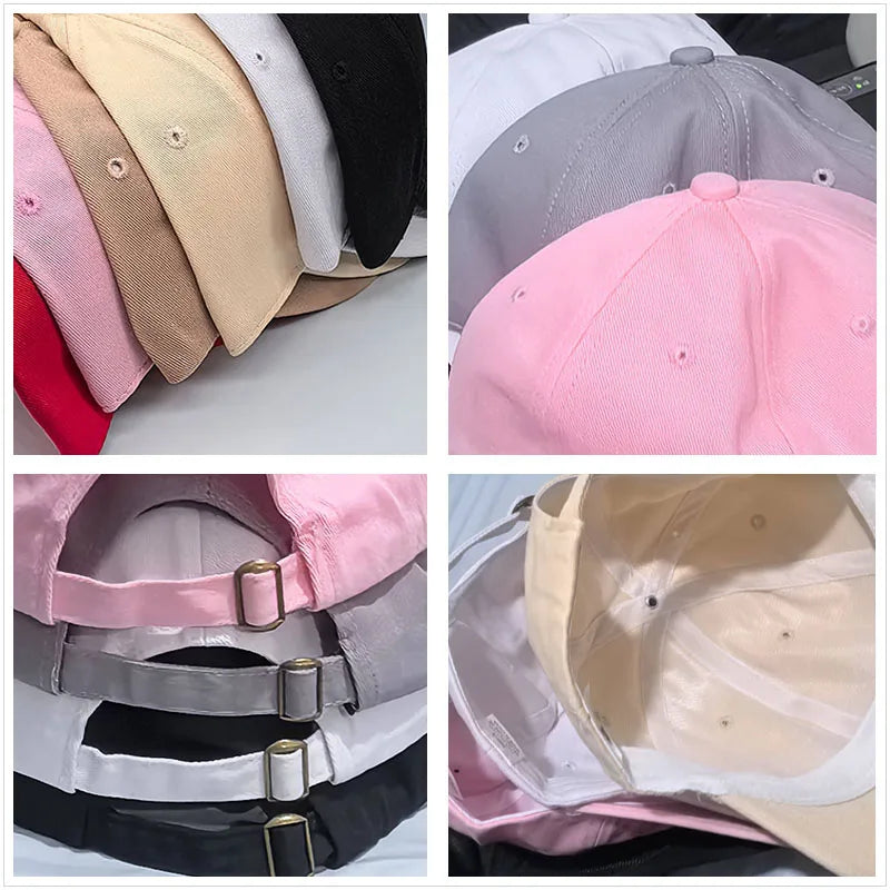 Adjustable cotton baseball caps in various colors: pink, beige, white, gray, and black.