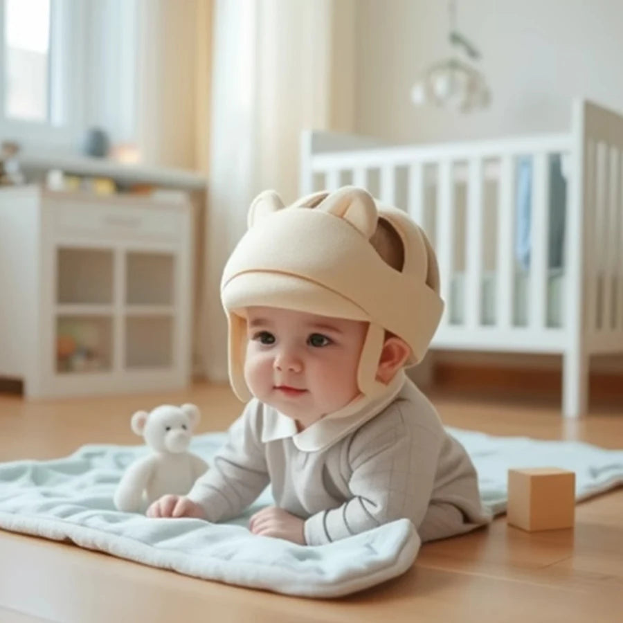 Cute baby wearing a beige anti-collision head protection helmet with ear details, crawling on a mat.