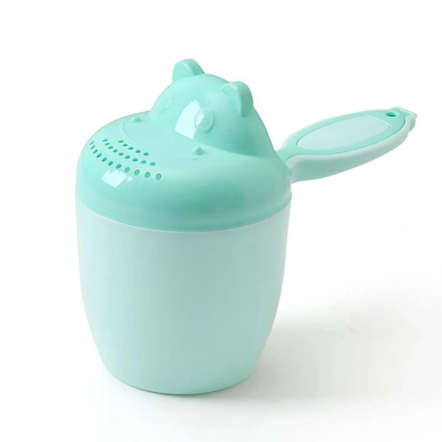 Mint green bear-design baby bath rinse cup with comfortable handle and gentle shower spout.