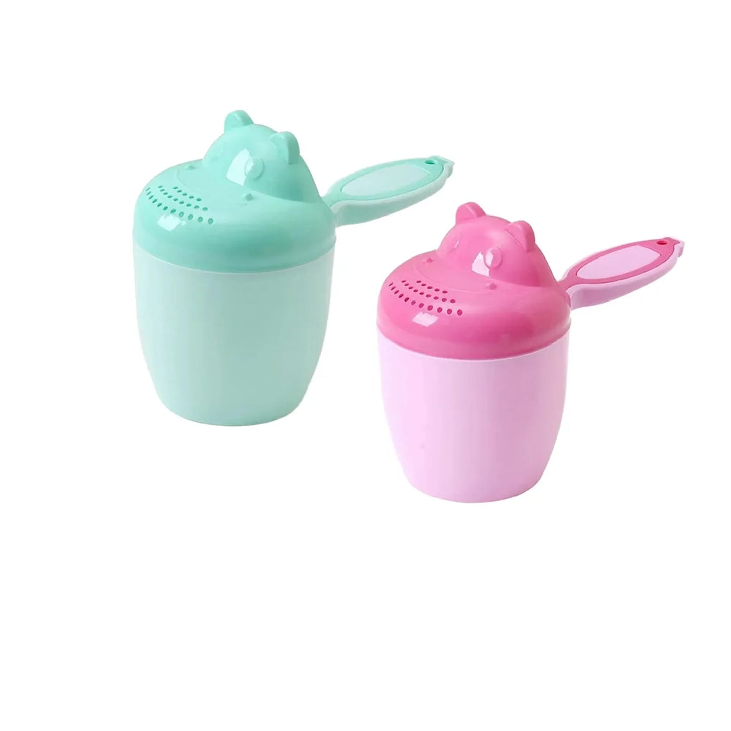 Two PP plastic baby bath rinse cups, one mint green and one pink, with bear-shaped tops and handles.