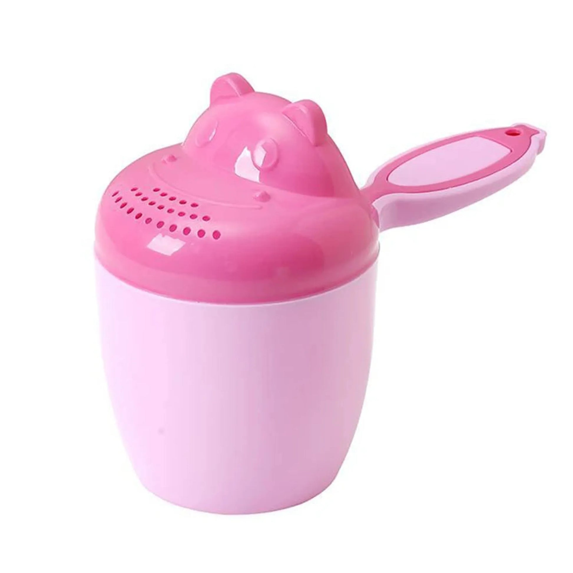 Pink bear-shaped baby bath rinse cup with a comfortable handle and gentle showerhead.