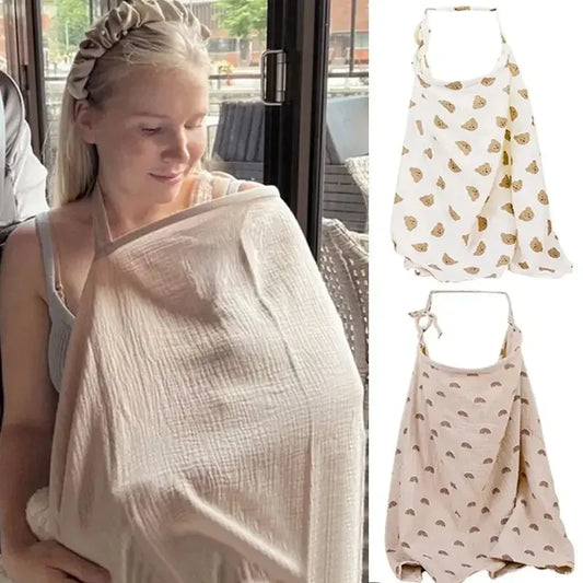Beige cotton nursing cover with adjustable strap, shown in use and with bear/rainbow patterns.