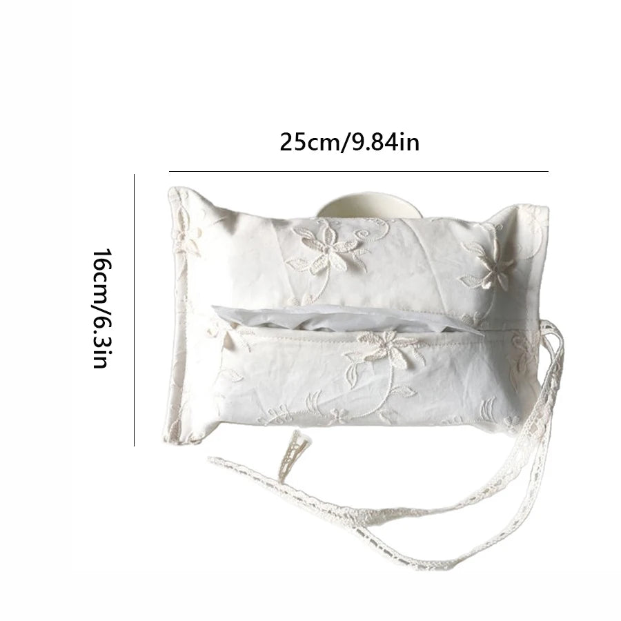 White French lace tissue box cover with delicate floral embroidery and hanging strap, 25x16cm.