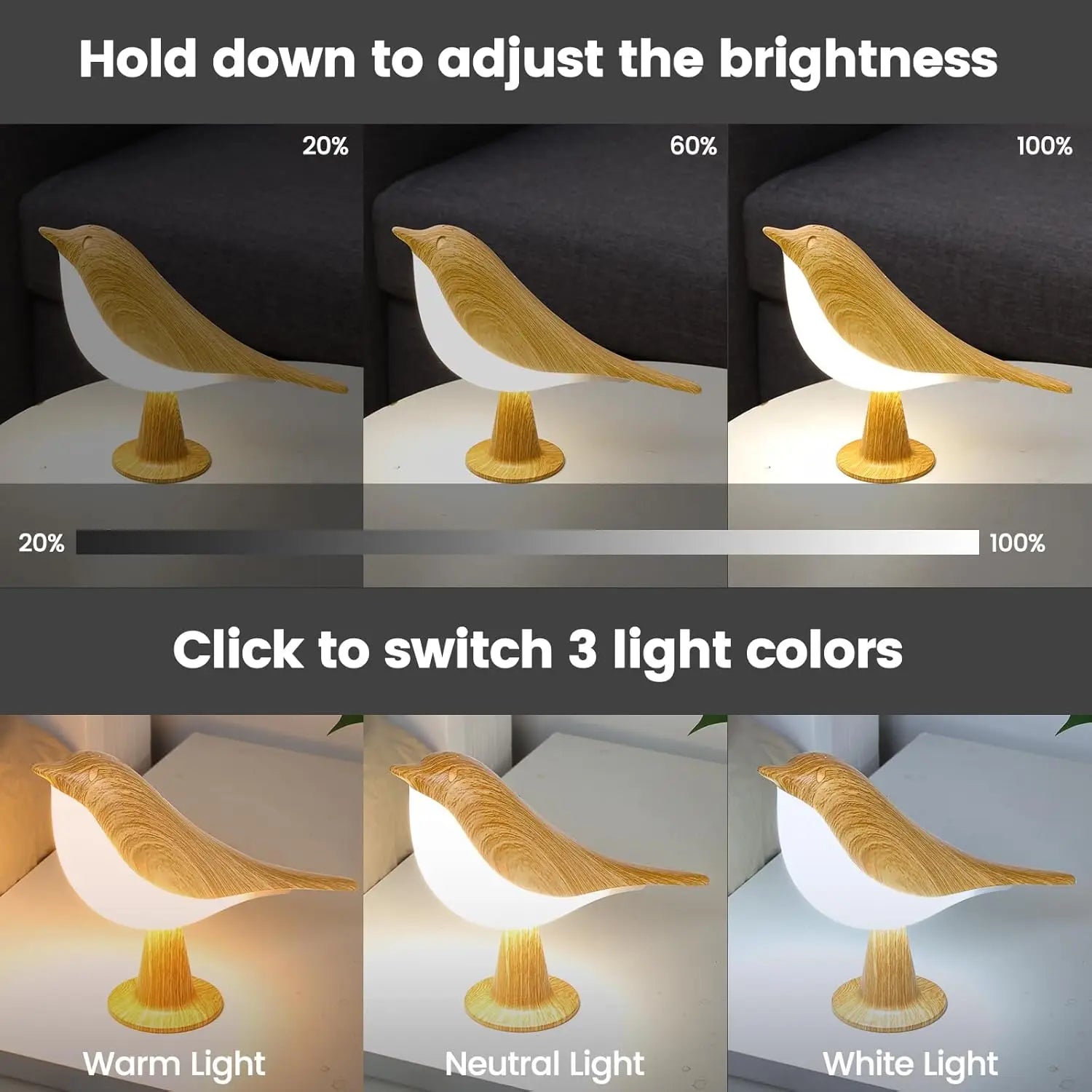 LED Touch-Control Bird Night Lamp Dimmable Rechargeable Yellow
