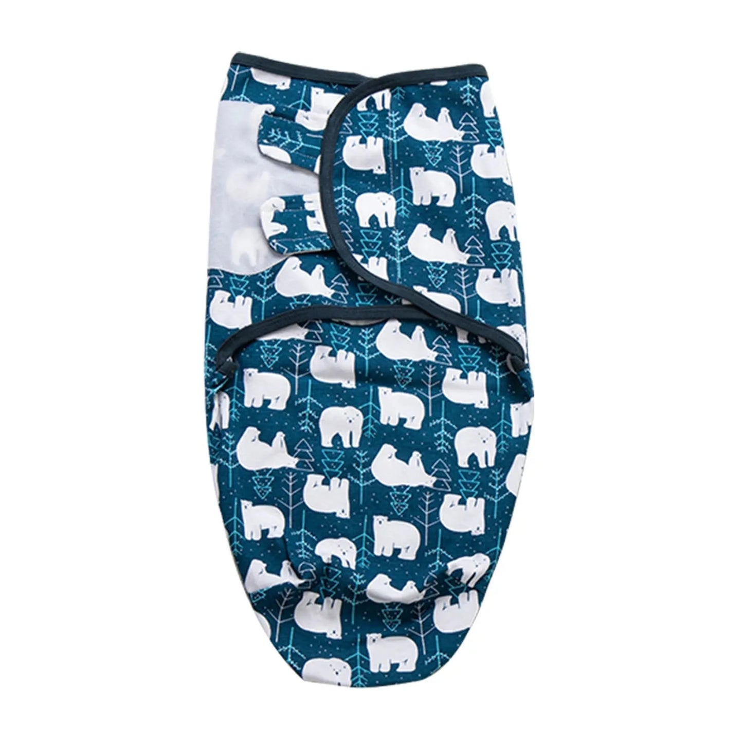 Blue cotton baby swaddle with white polar bear and tree print, featuring a secure zipper closure.