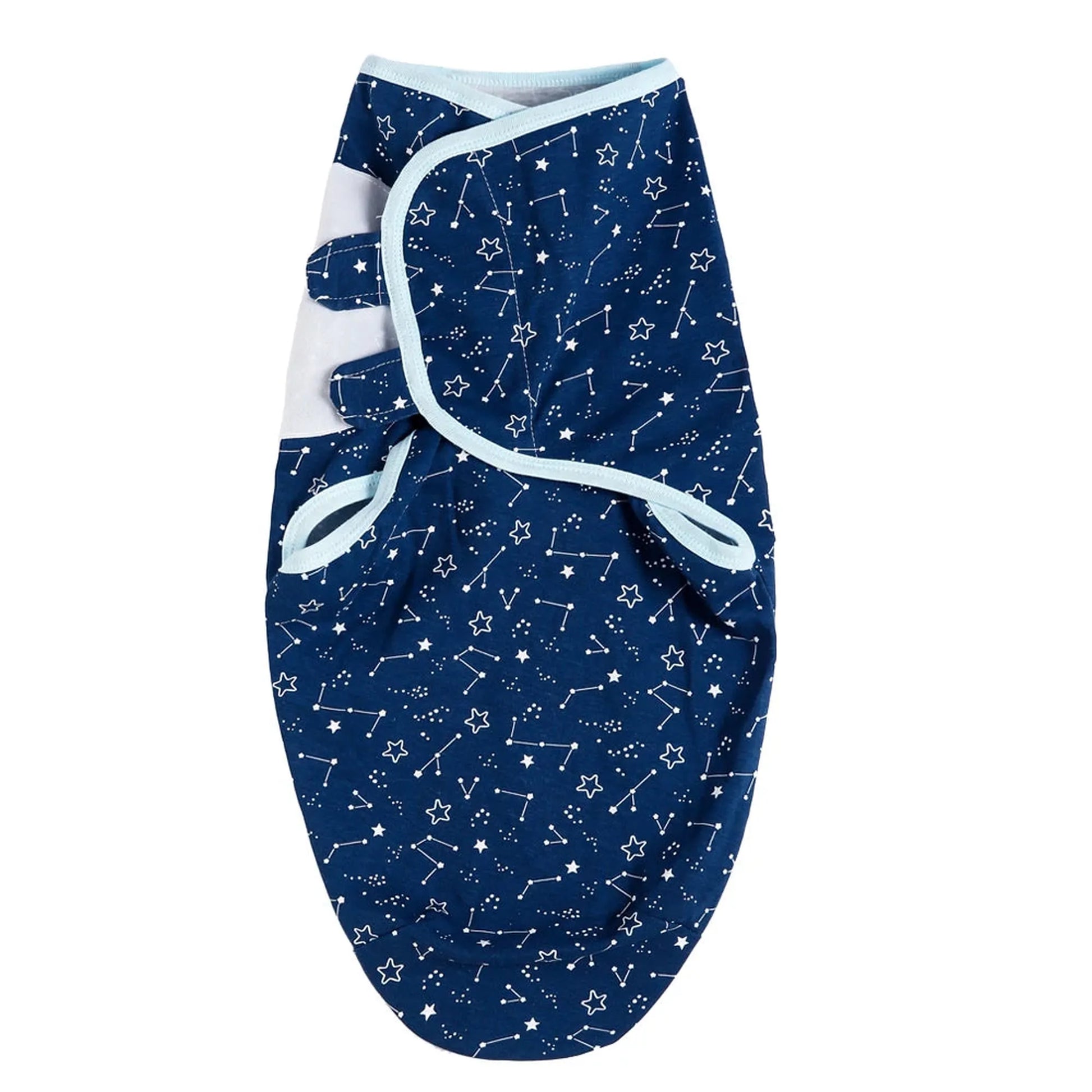 Blue cotton baby sleep sack with white star and constellation print, light blue trim, and wrap design.