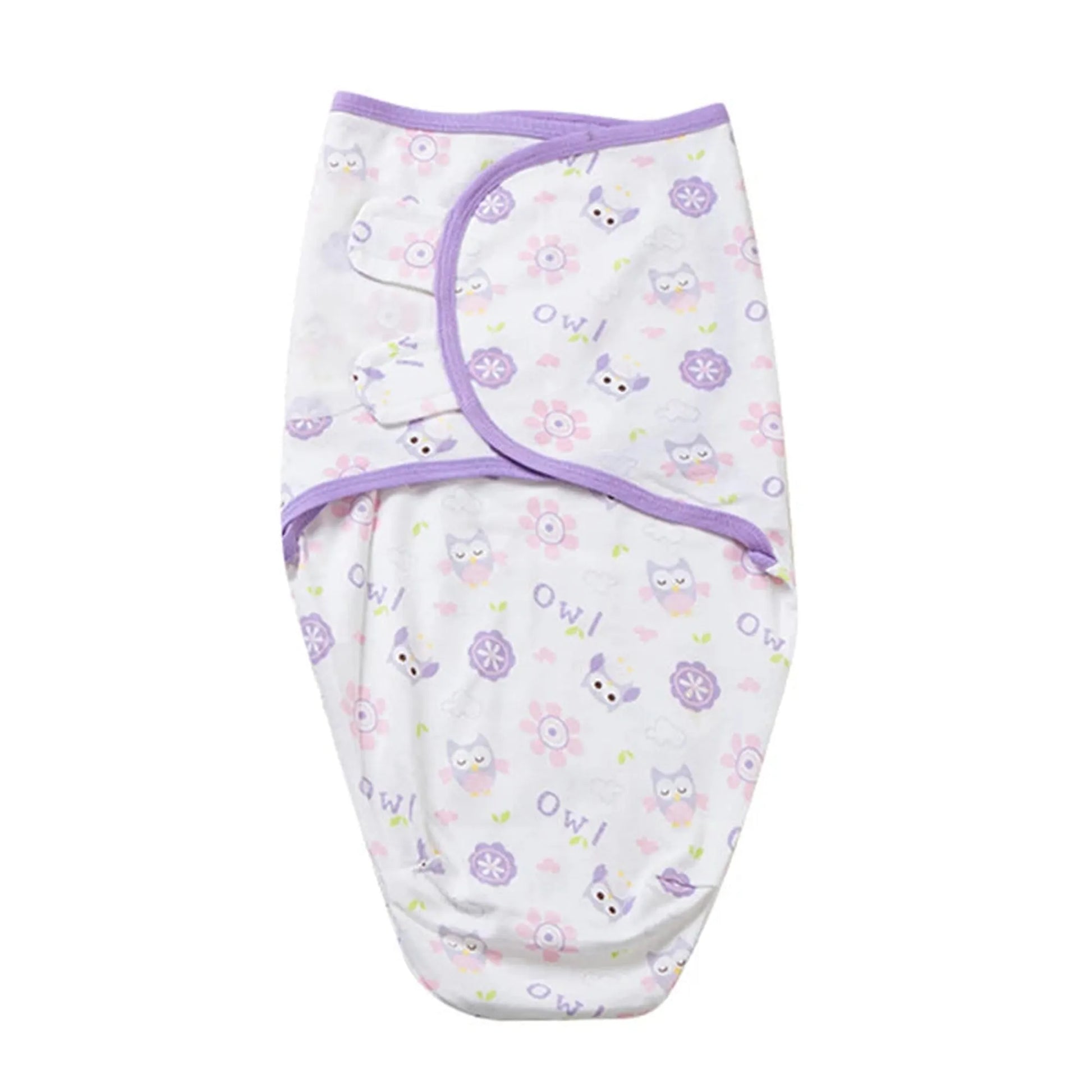 White cotton baby sleep sack with purple trim and owl/flower print.