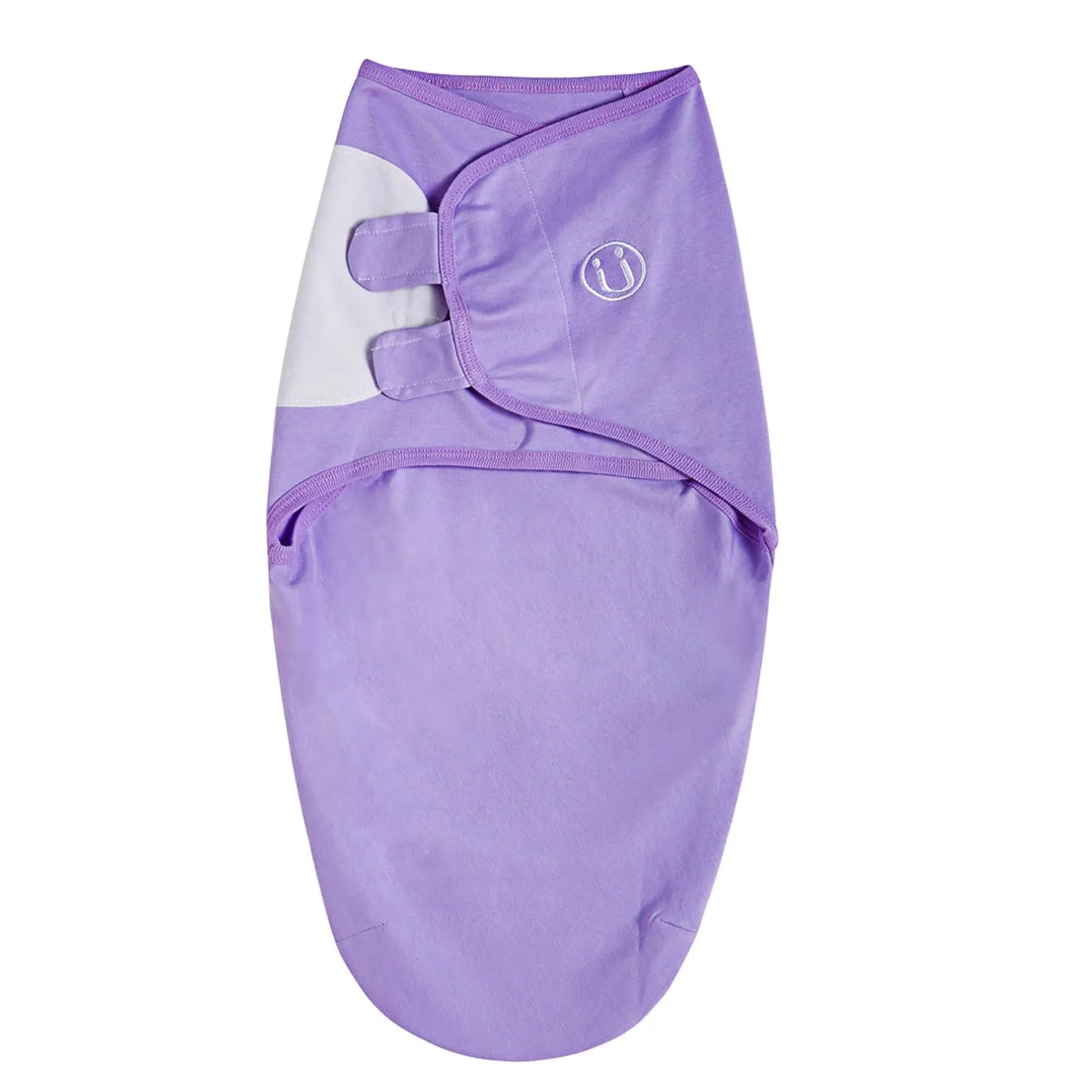 Light purple cotton baby swaddle with white accent and adjustable velcro tabs.