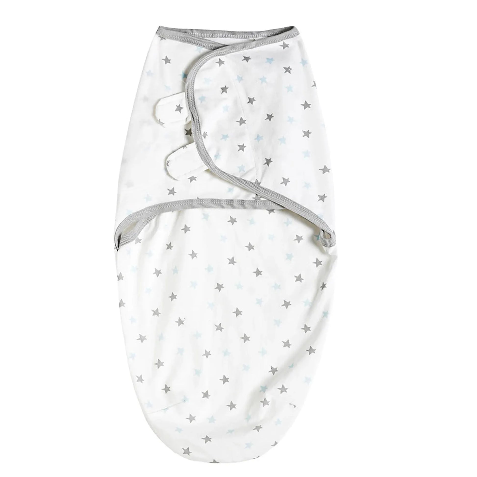 White cotton baby swaddle with blue and gray stars, gray trim, and adjustable hook-and-loop fasteners.