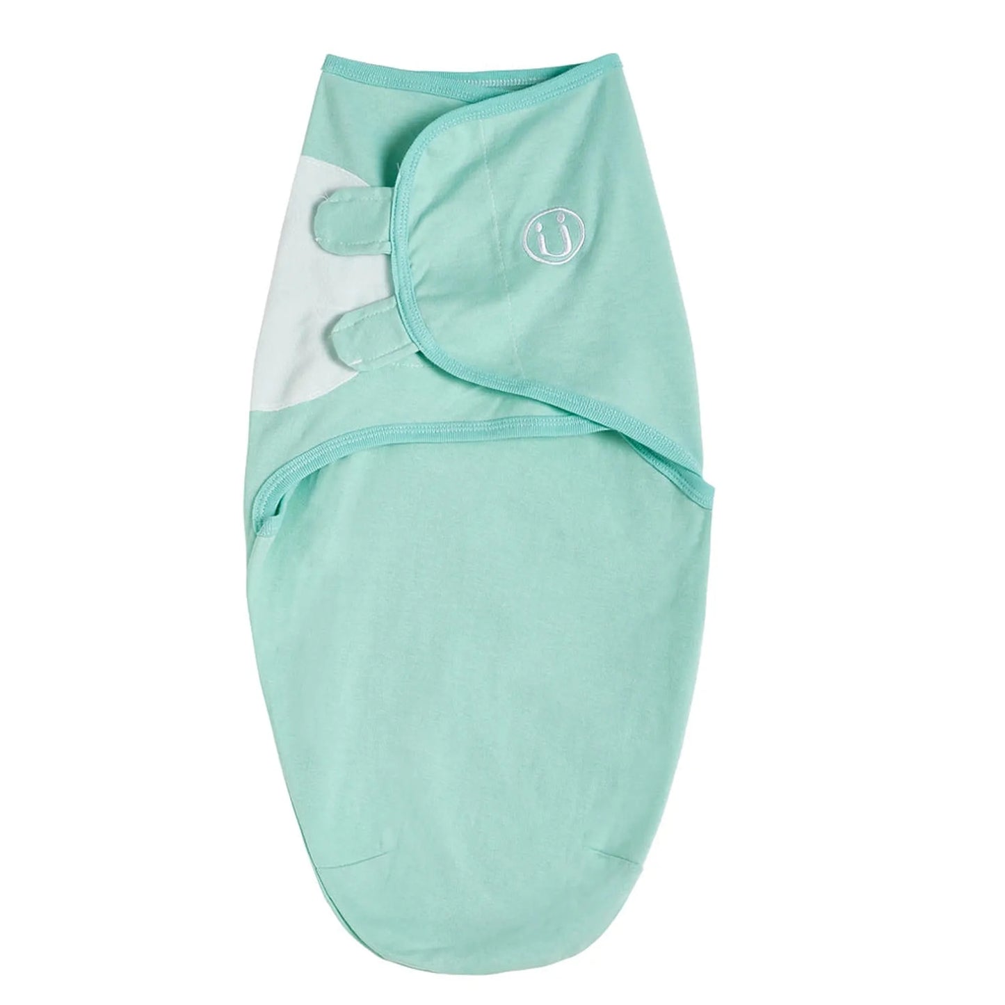 Mint green cotton baby swaddle with white accent and adjustable velcro tabs.