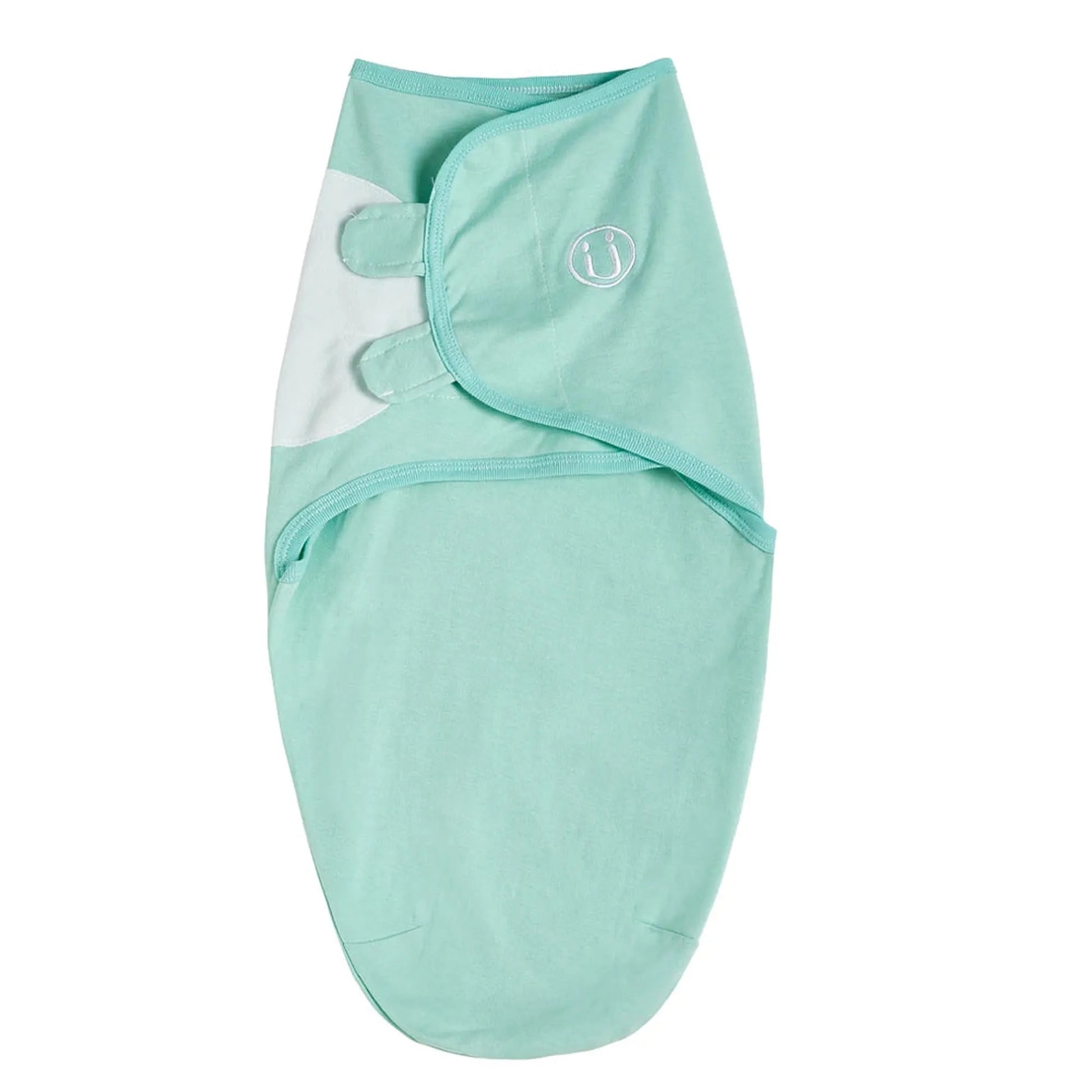 Mint green cotton baby swaddle with white accent and adjustable velcro tabs.