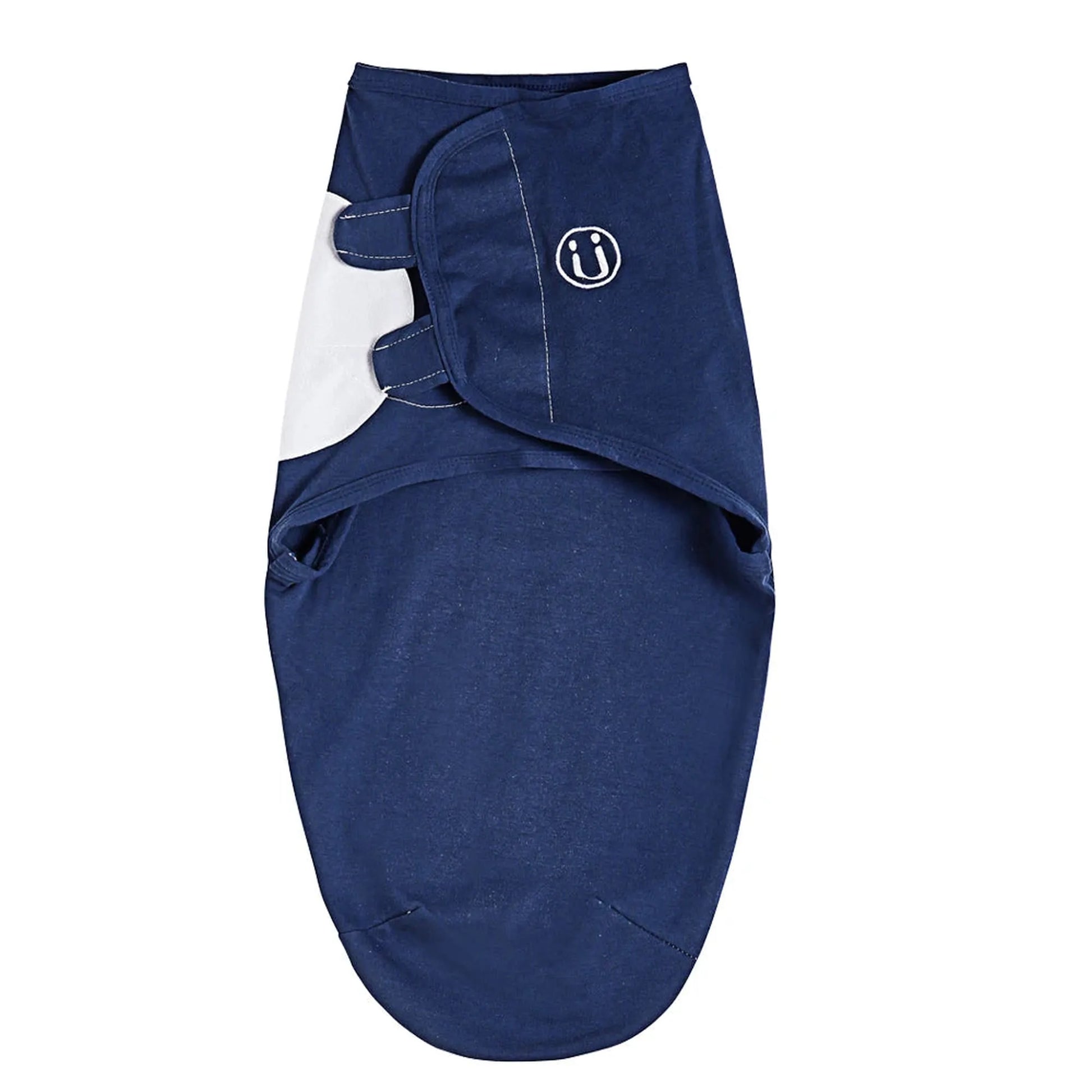 Navy blue cotton baby sleep sack with white swaddle wings and a small logo.
