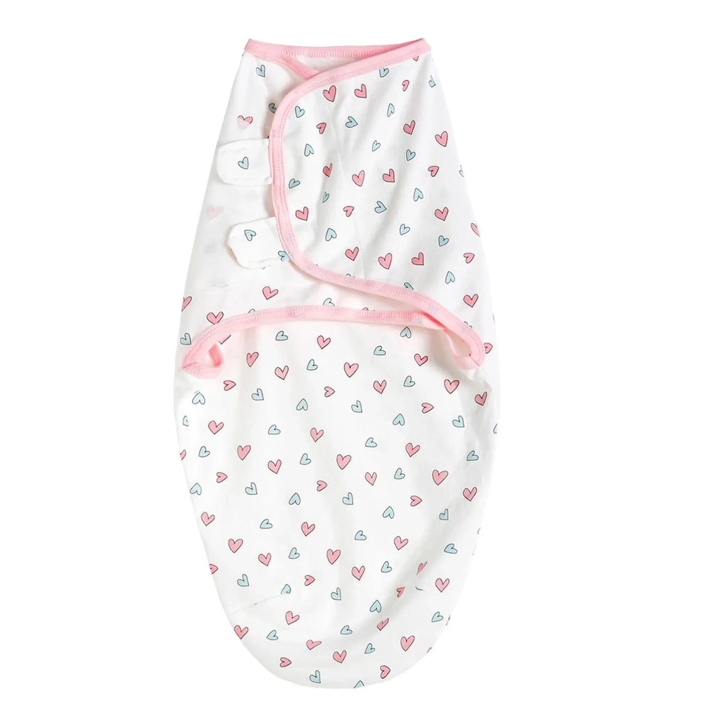White cotton baby swaddle with pink and blue heart print, pink trim, and velcro closures.