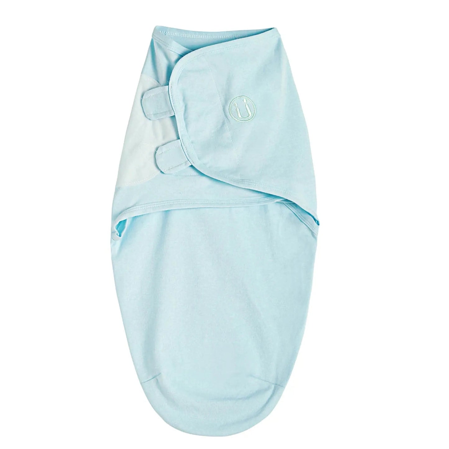 Light blue cotton baby swaddle sleep sack with adjustable hook-and-loop closures and embroidered logo.
