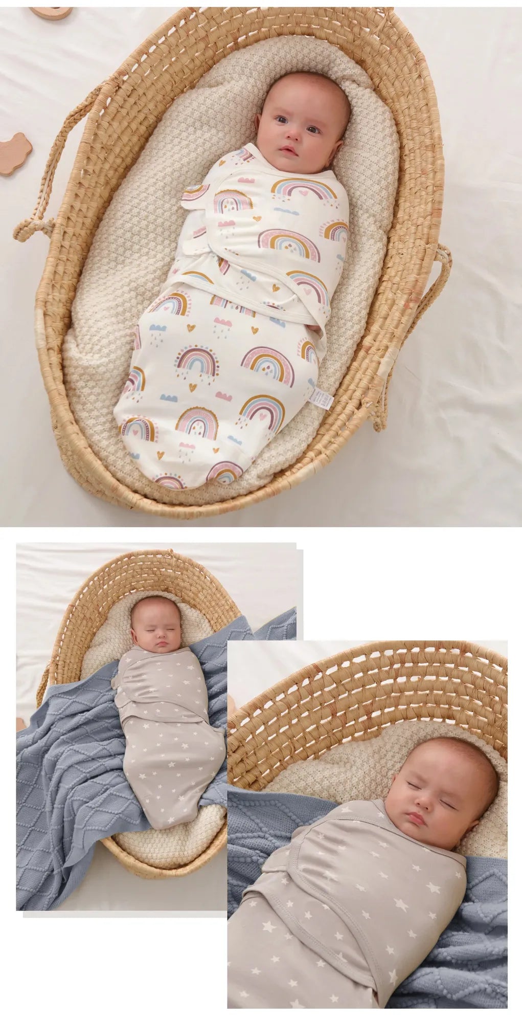 Newborn baby swaddled in a soft, breathable cotton sleep sack with colorful rainbow and star patterns.