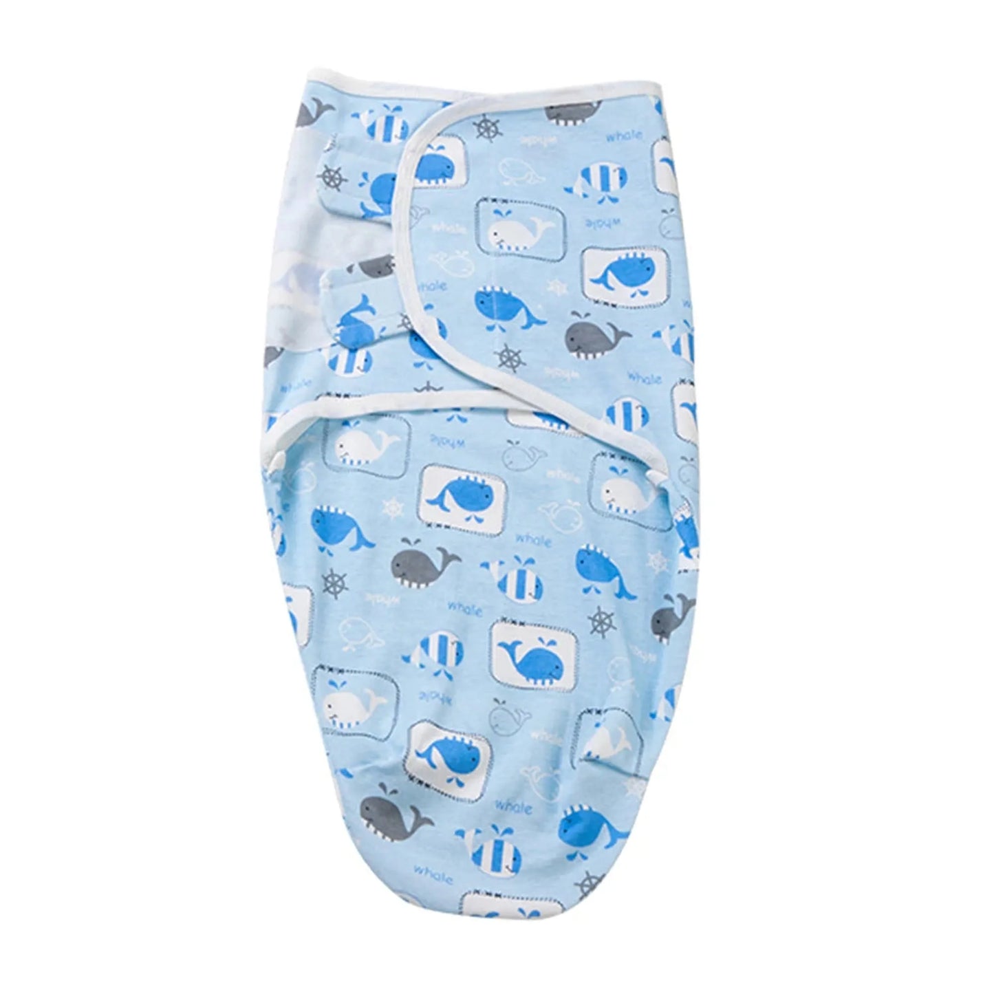 Light blue cotton baby swaddle with white trim and cute whale print, ideal for newborns.