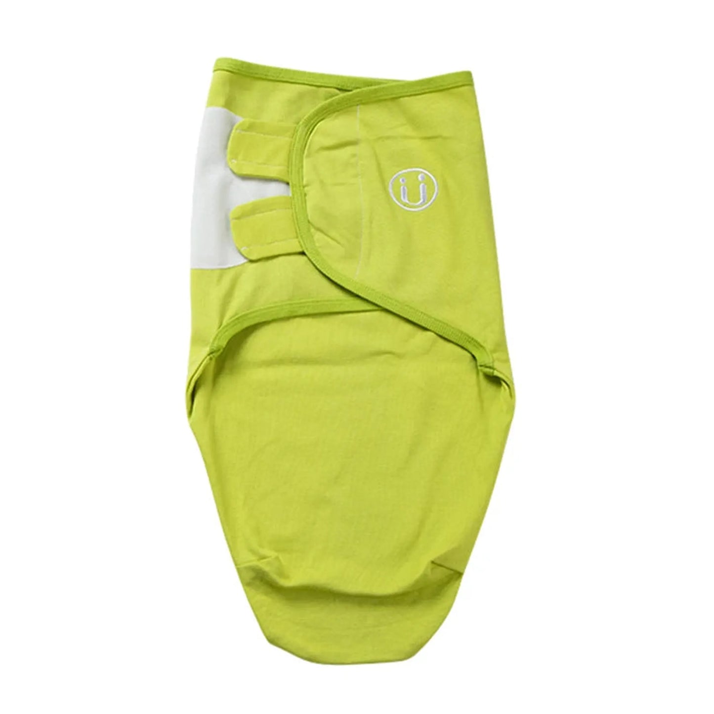 Light green cotton baby swaddle with white velcro closures and a small white logo.
