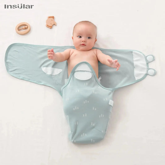 Baby swaddle in light blue with white tree pattern, open with infant inside, 100% cotton.