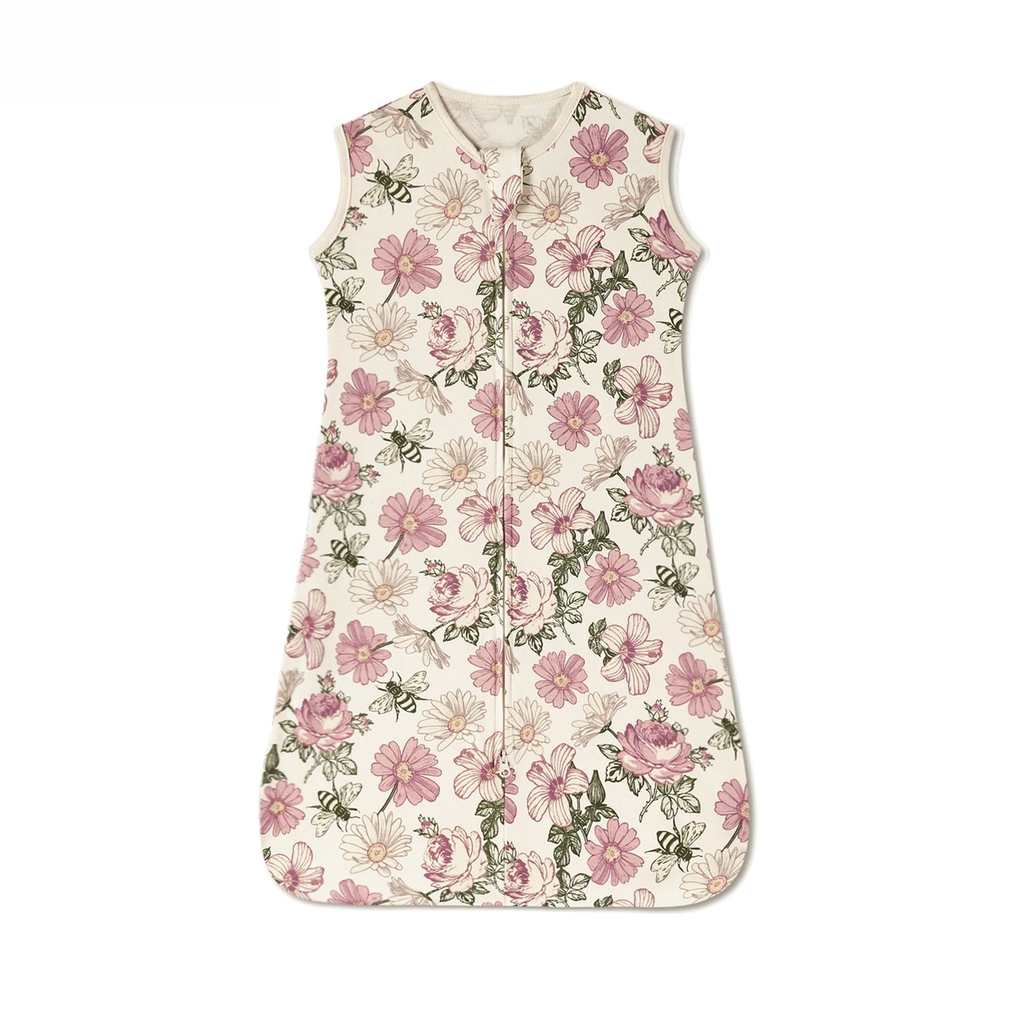 Cotton baby sleep sack with pink floral and bee print, sleeveless design, and two-way zipper.