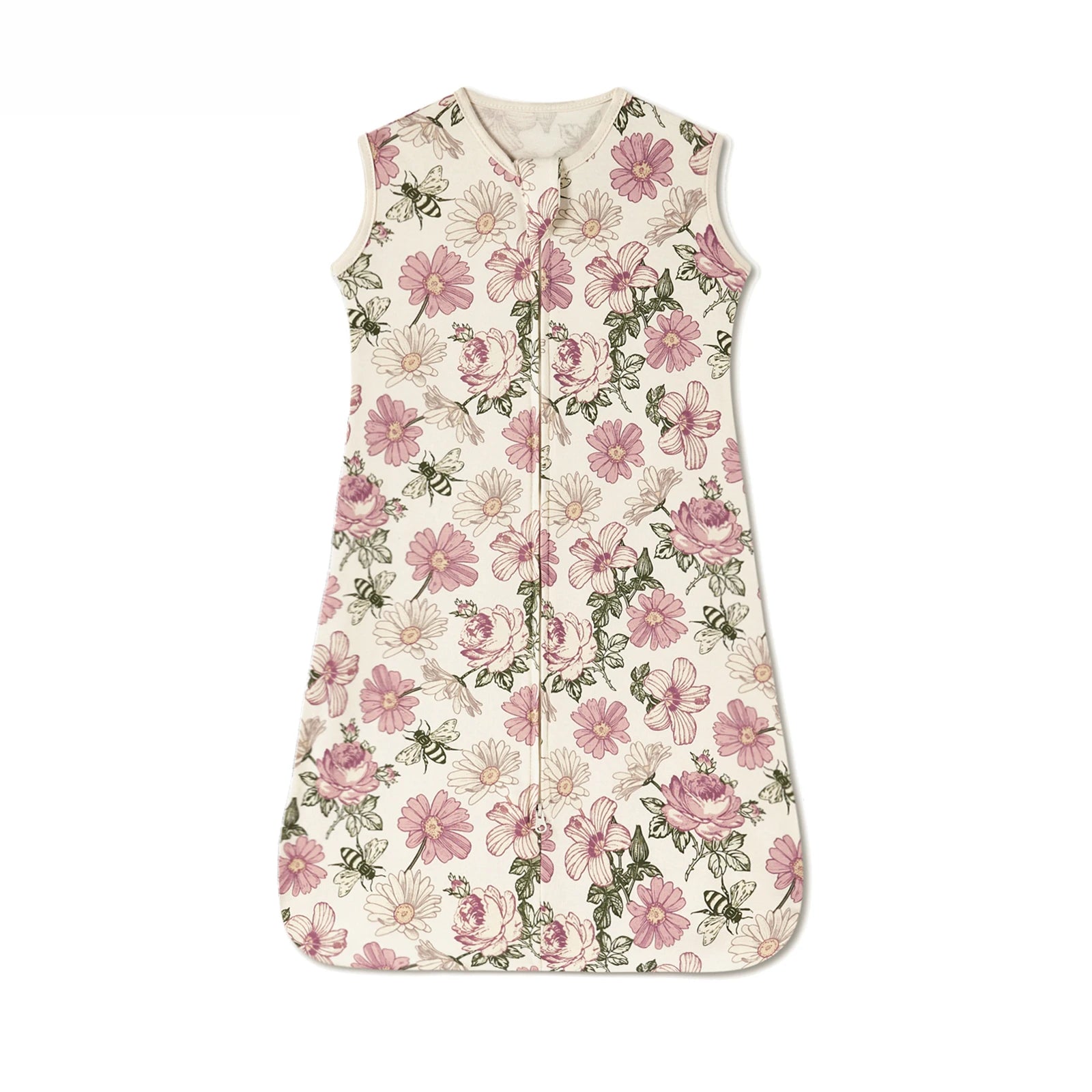 Cotton baby sleep sack with pink floral and bee print, sleeveless design, and two-way zipper.