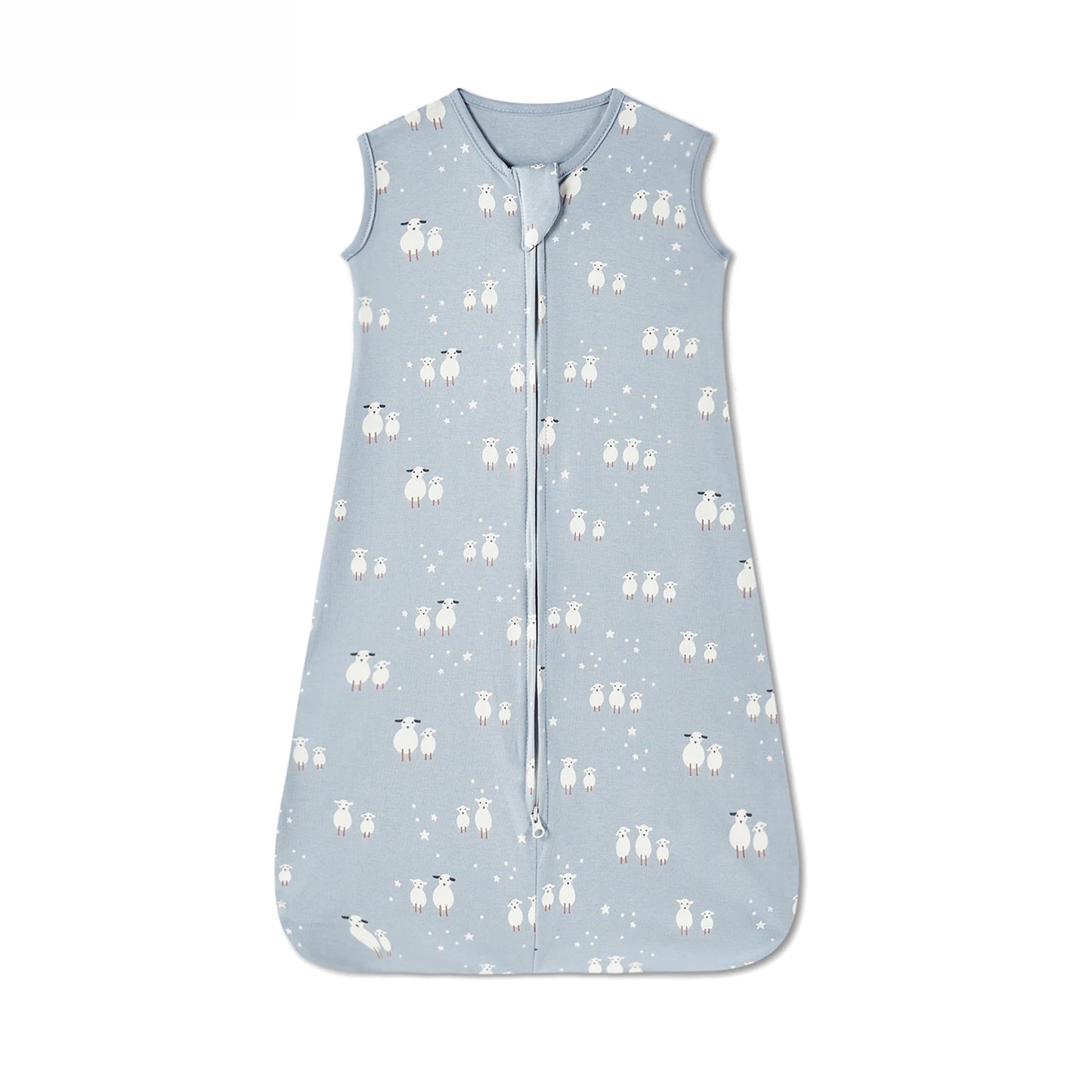 Blue cotton baby sleep sack with sheep and star print, sleeveless design, and two-way zipper.