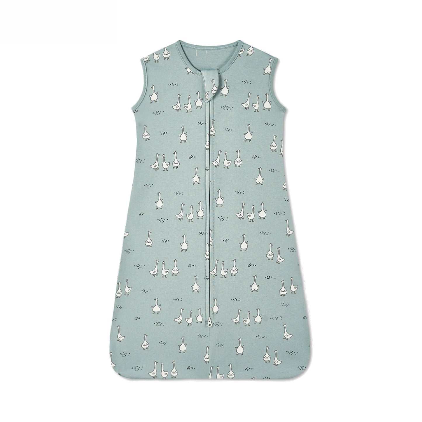 Breathable cotton baby sleep sack in light blue with white goose print and two-way zipper.