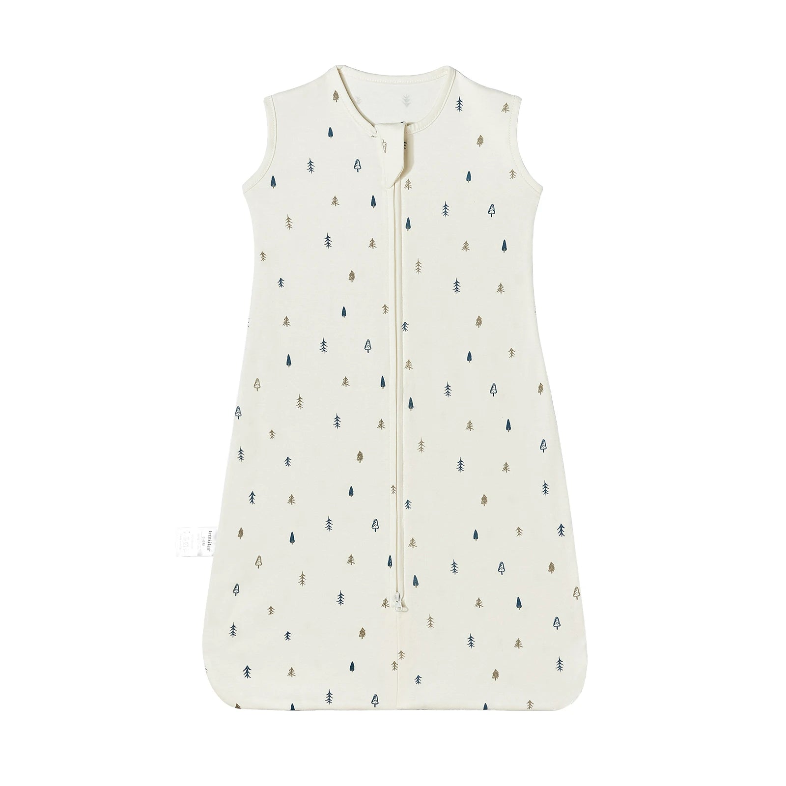 White cotton baby sleep sack with blue and brown tree print, sleeveless, and a two-way zipper.