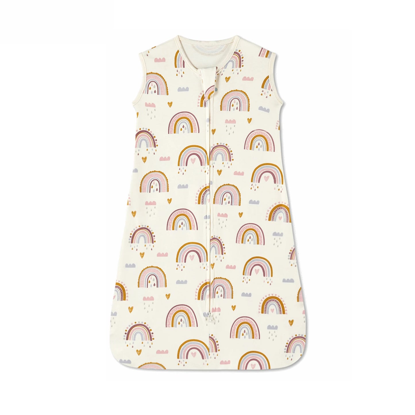 Cream cotton baby sleep sack with colorful rainbow, cloud, and heart print, sleeveless, and two-way zipper.