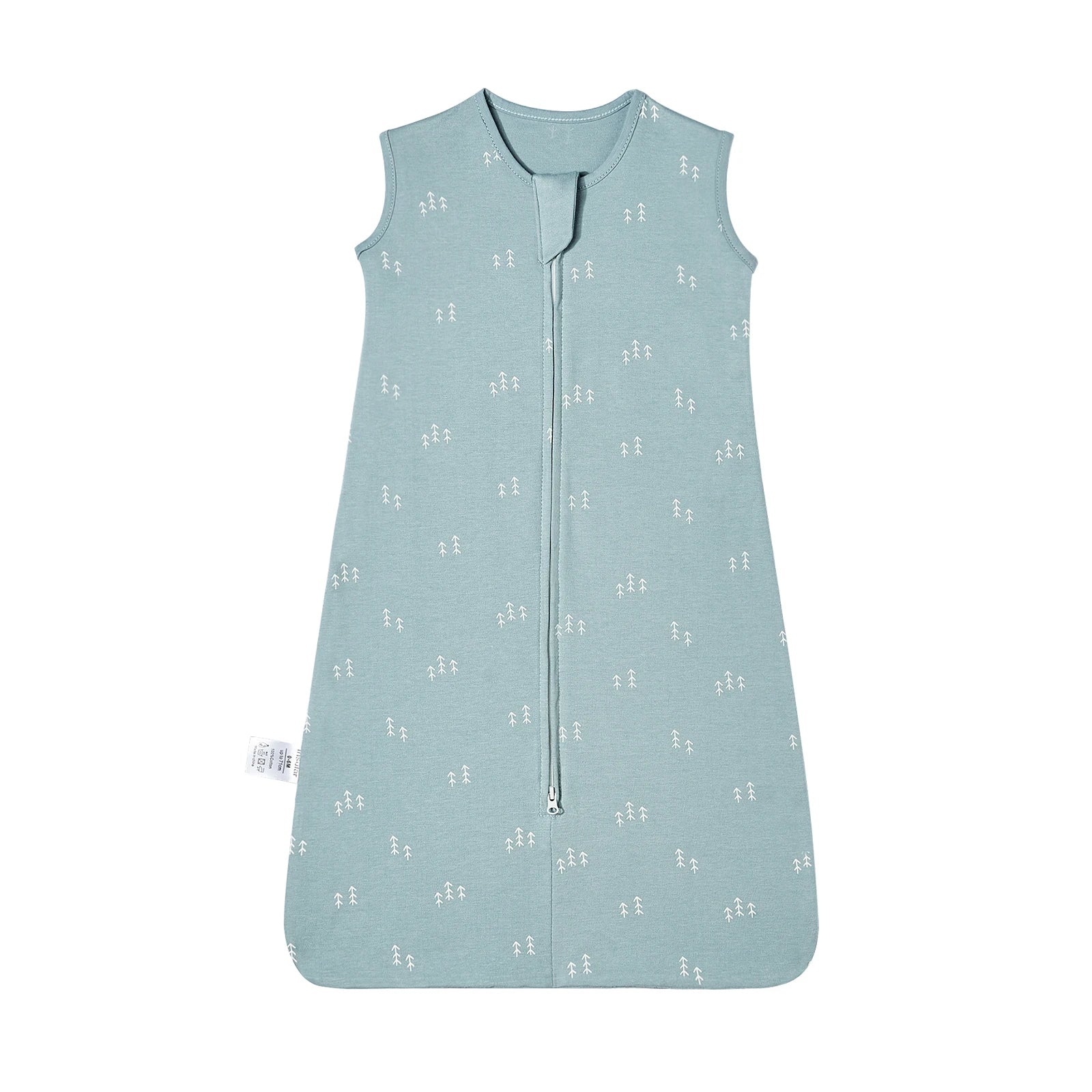 Breathable cotton baby sleep sack in light blue with white tree print, sleeveless, and a two-way zipper.