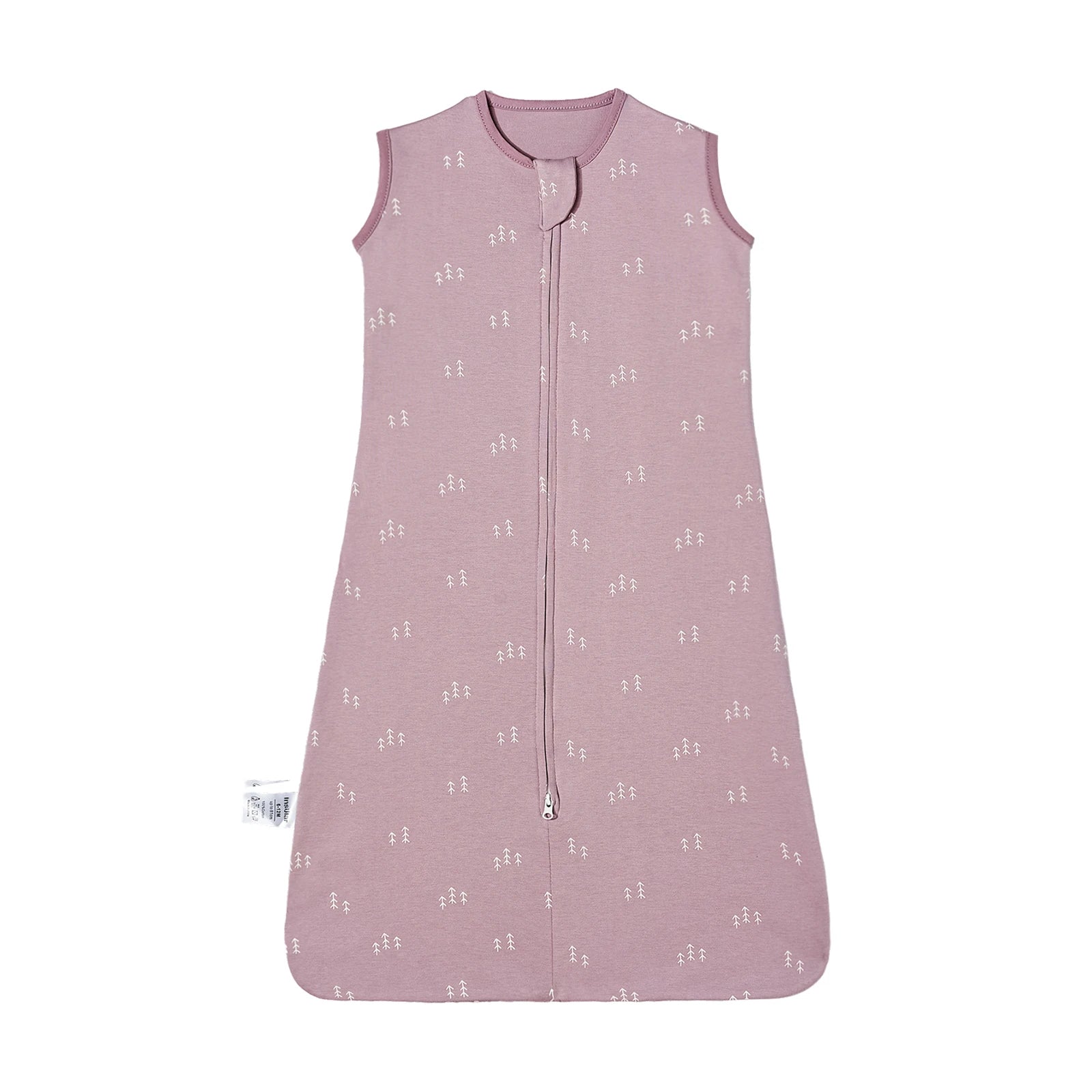 Pink cotton baby sleeping bag with white tree pattern and two-way zipper, sleeveless design.