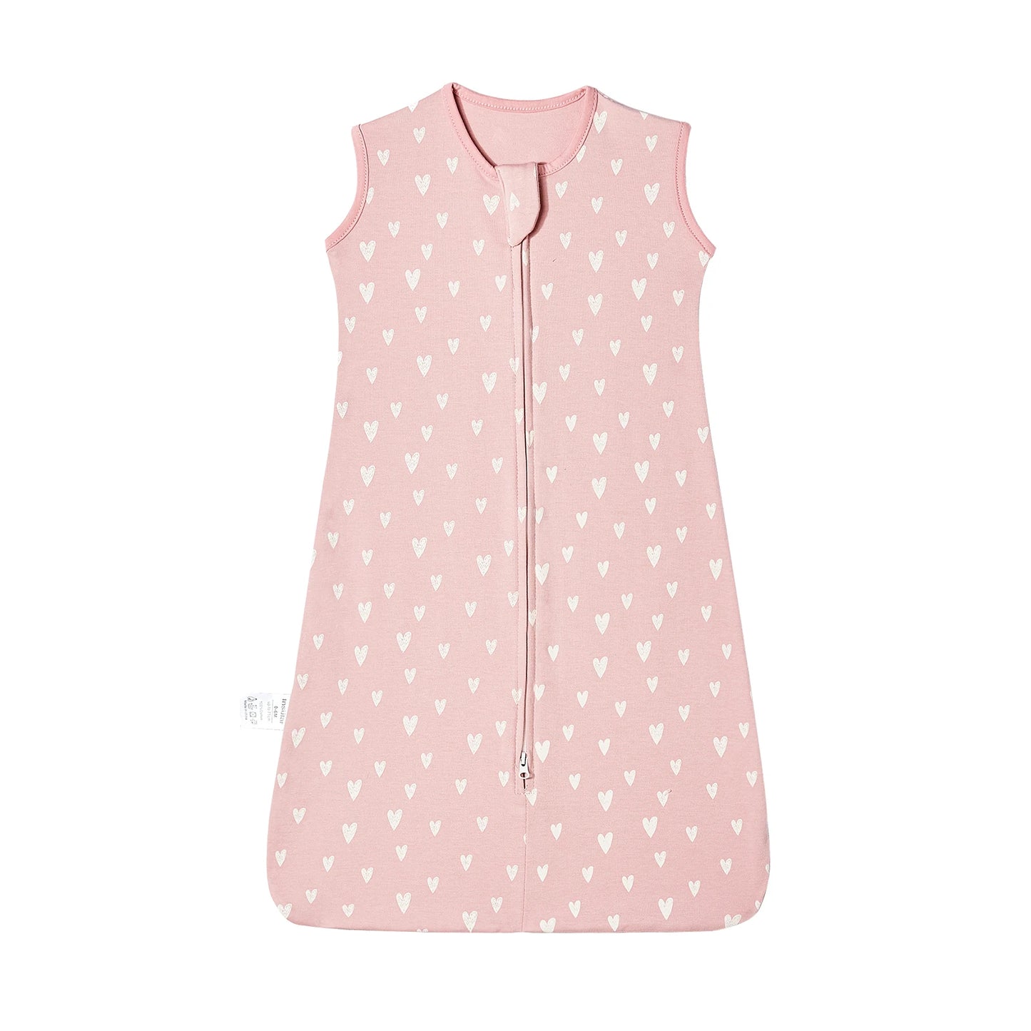 Pink cotton baby sleep sack with white heart pattern, sleeveless design, and two-way zipper.