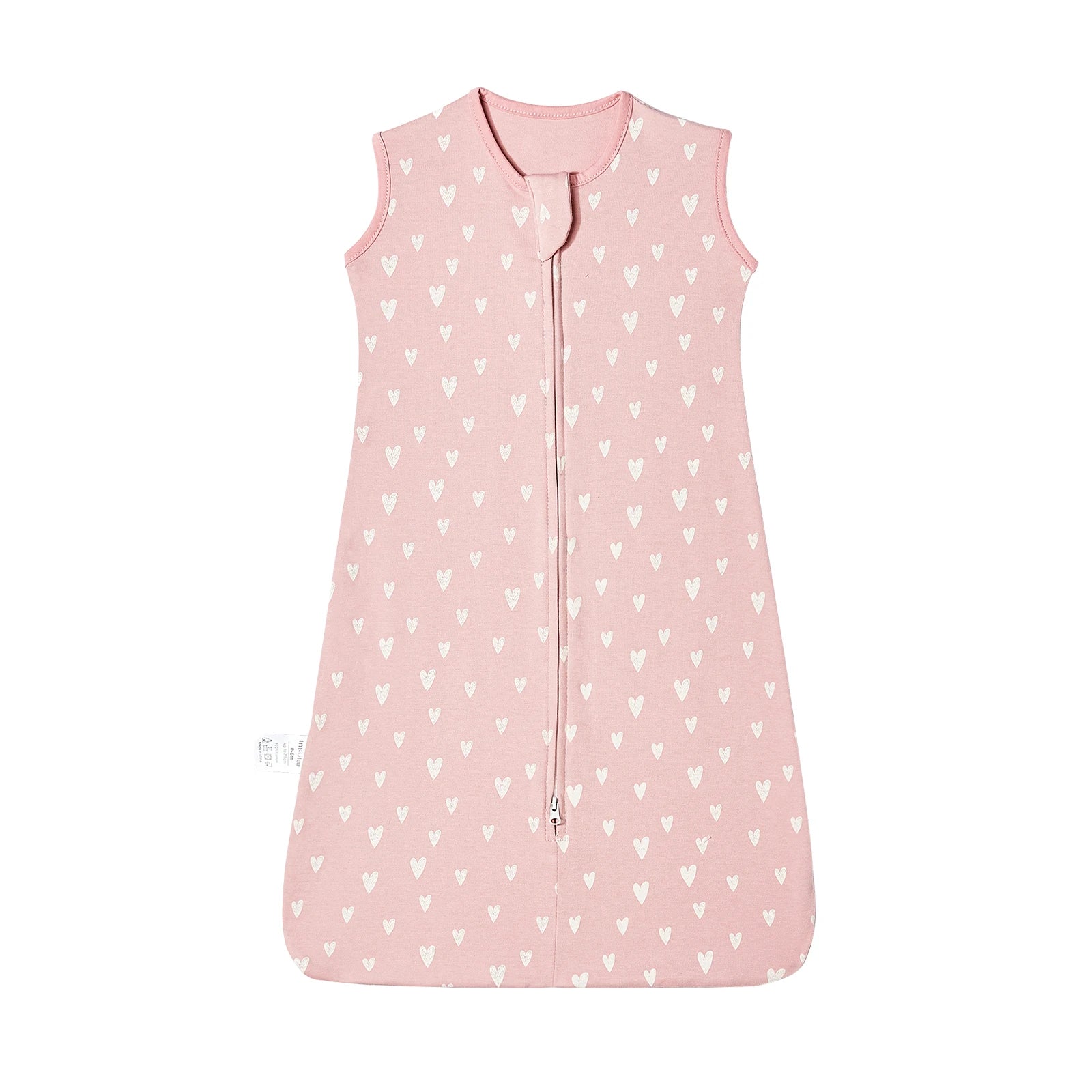Pink cotton baby sleep sack with white heart pattern, sleeveless design, and two-way zipper.