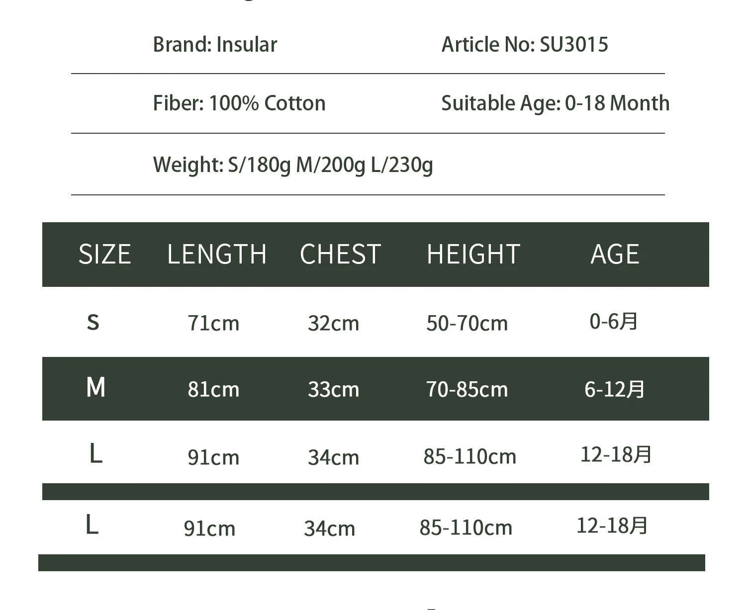 Size chart for Insular 100% cotton baby sleep sack, showing length, chest, height, and age for S, M, L sizes.