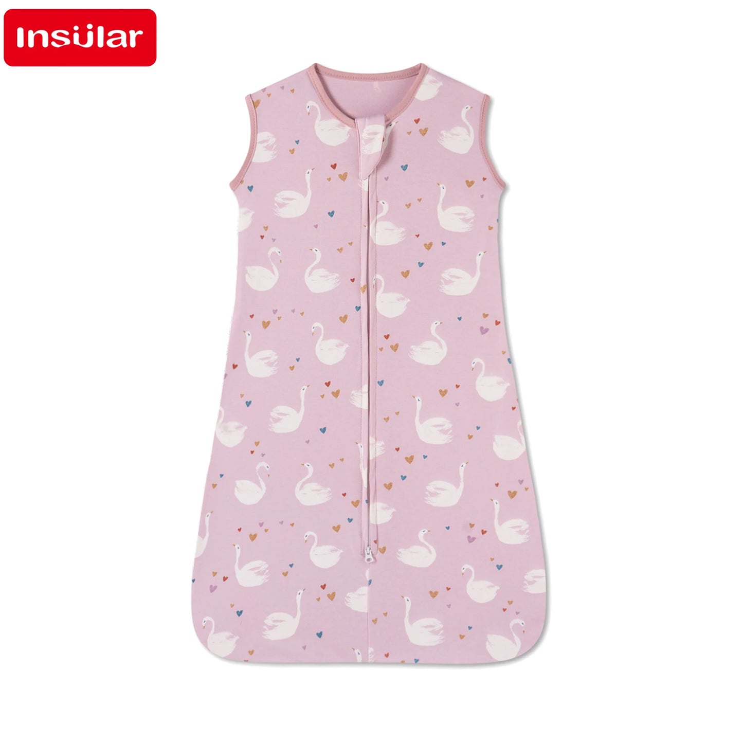 Pink cotton baby sleeping bag with white swan and colorful heart print, sleeveless, with a two-way zipper.