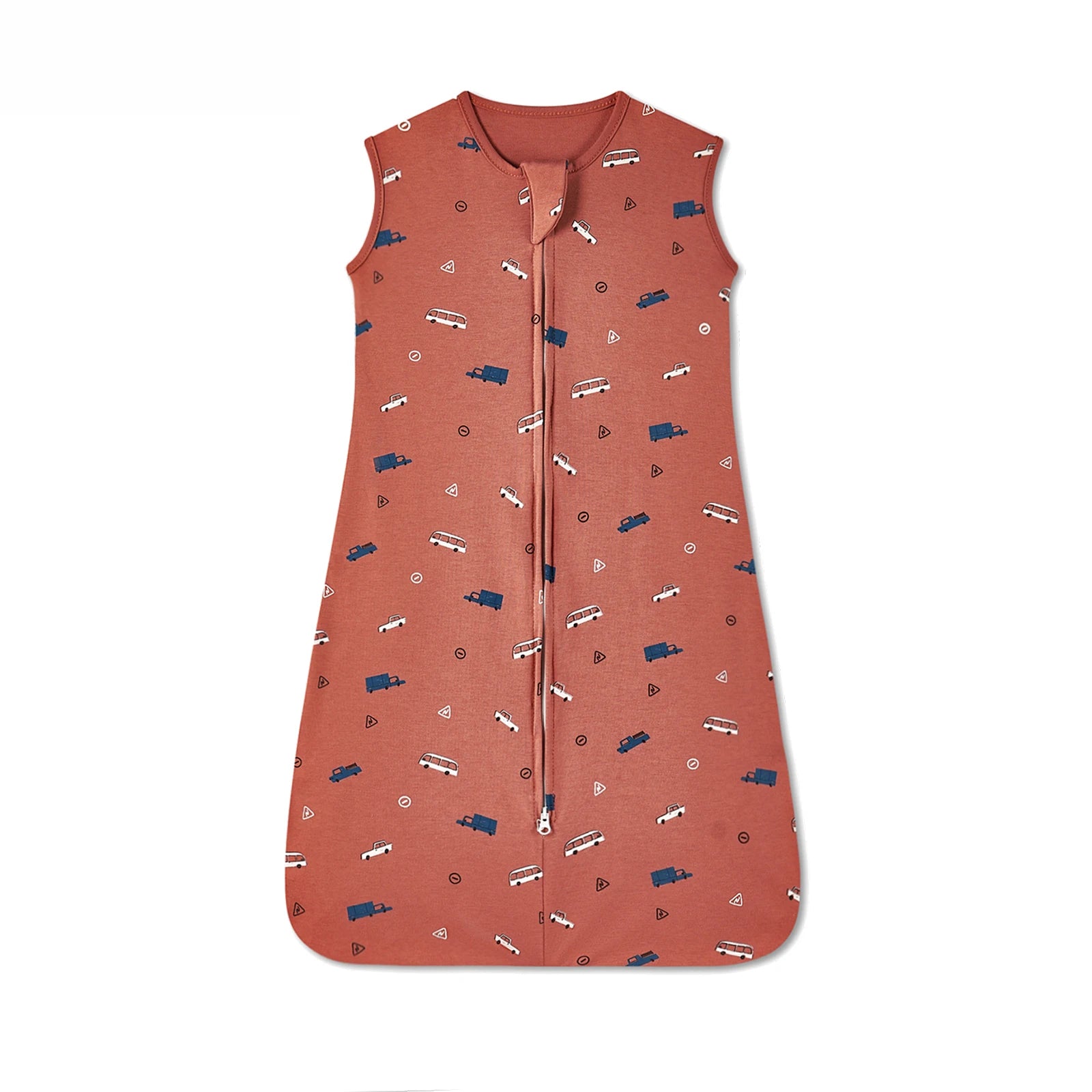Terracotta cotton baby sleep sack with blue and white vehicle print, sleeveless design, and two-way zipper.