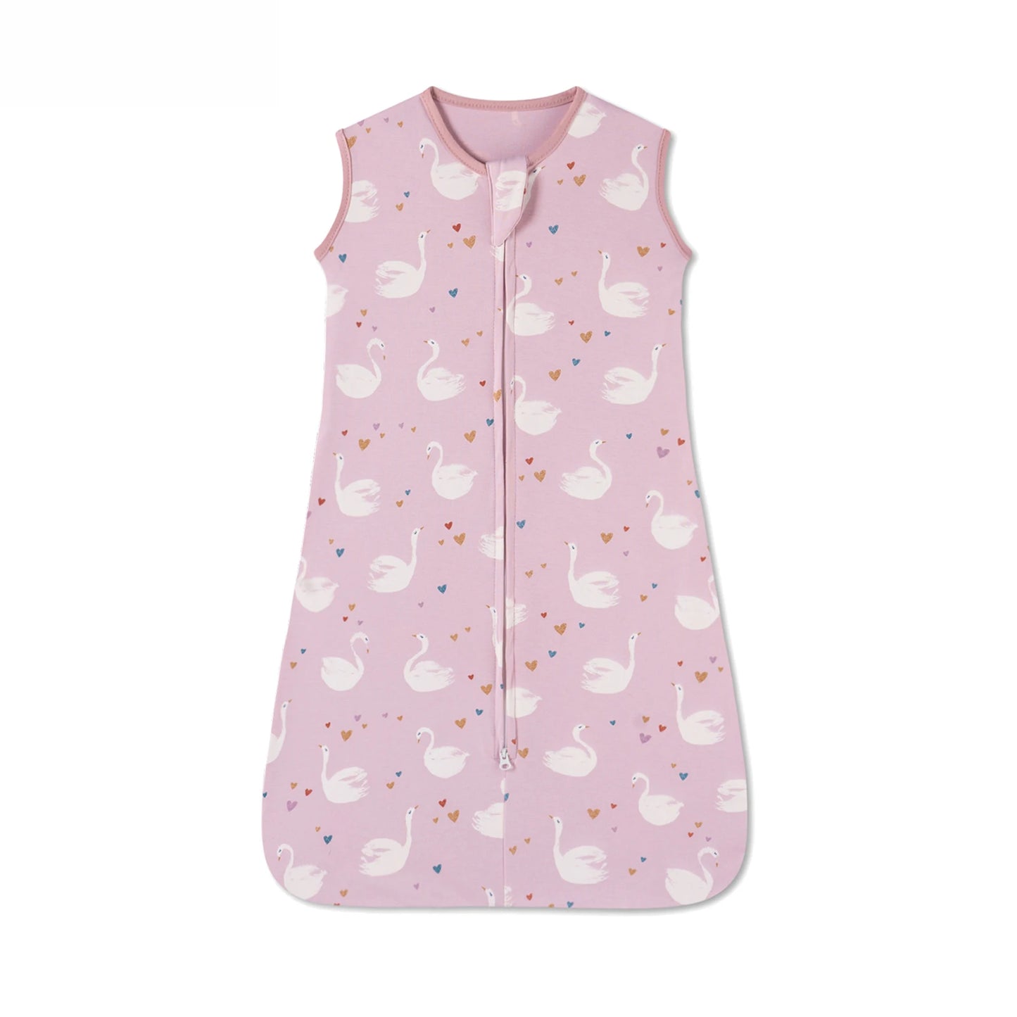Pink cotton baby sleep sack with white swan and colorful heart print, sleeveless, and a two-way zipper.