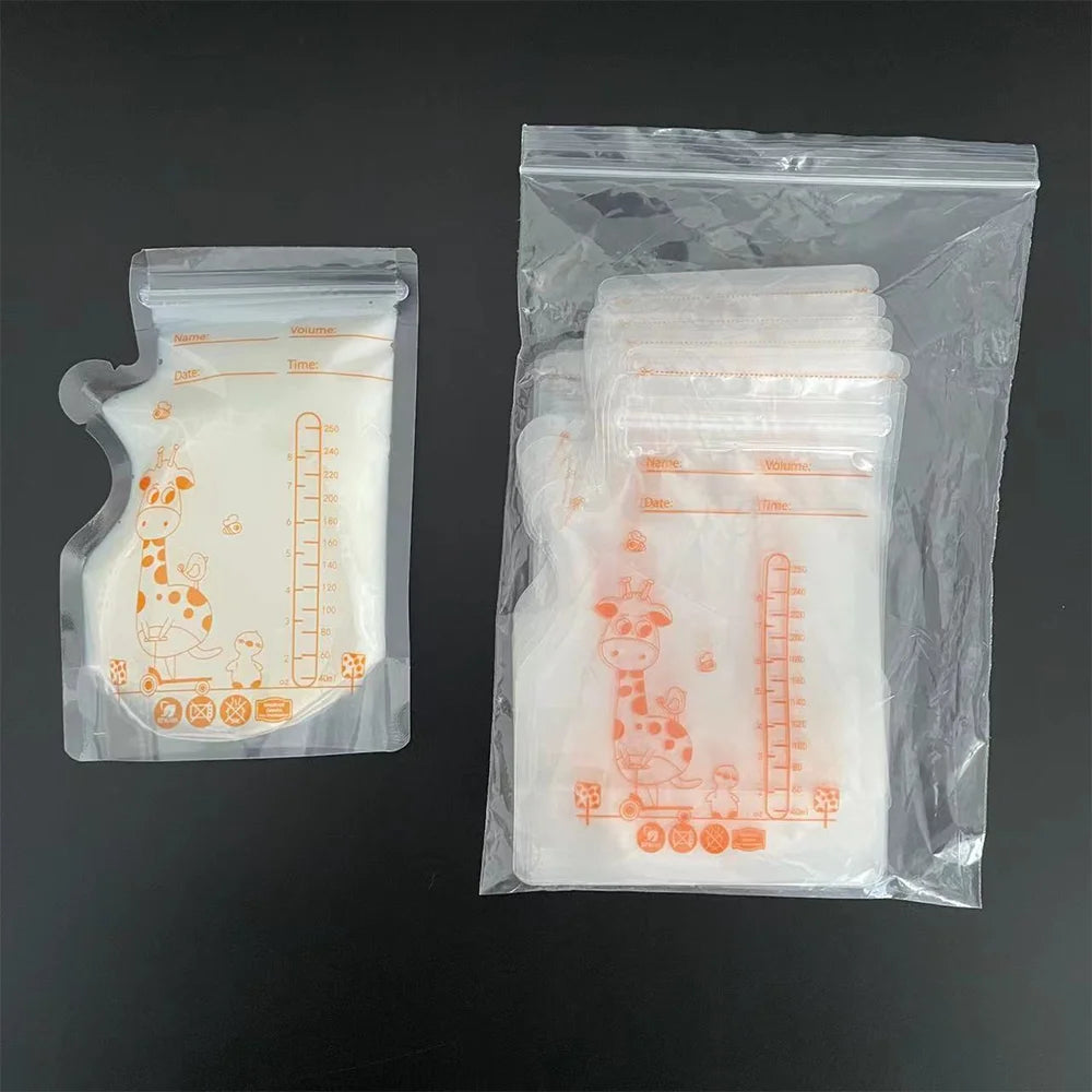 Clear BPA-free breast milk storage bags with orange giraffe design, volume markings, and secure zip-top.