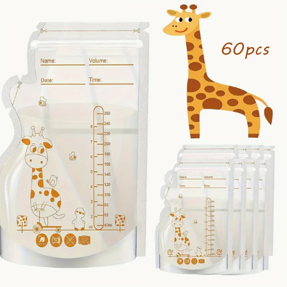 BPA-free breast milk storage bags, 250ml, with giraffe design, volume markers, and label area.