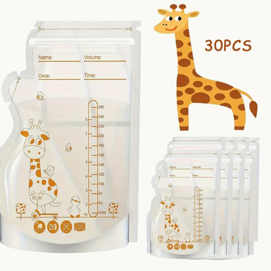BPA-free 250ml breast milk storage bags with giraffe design, volume markers, and label fields.