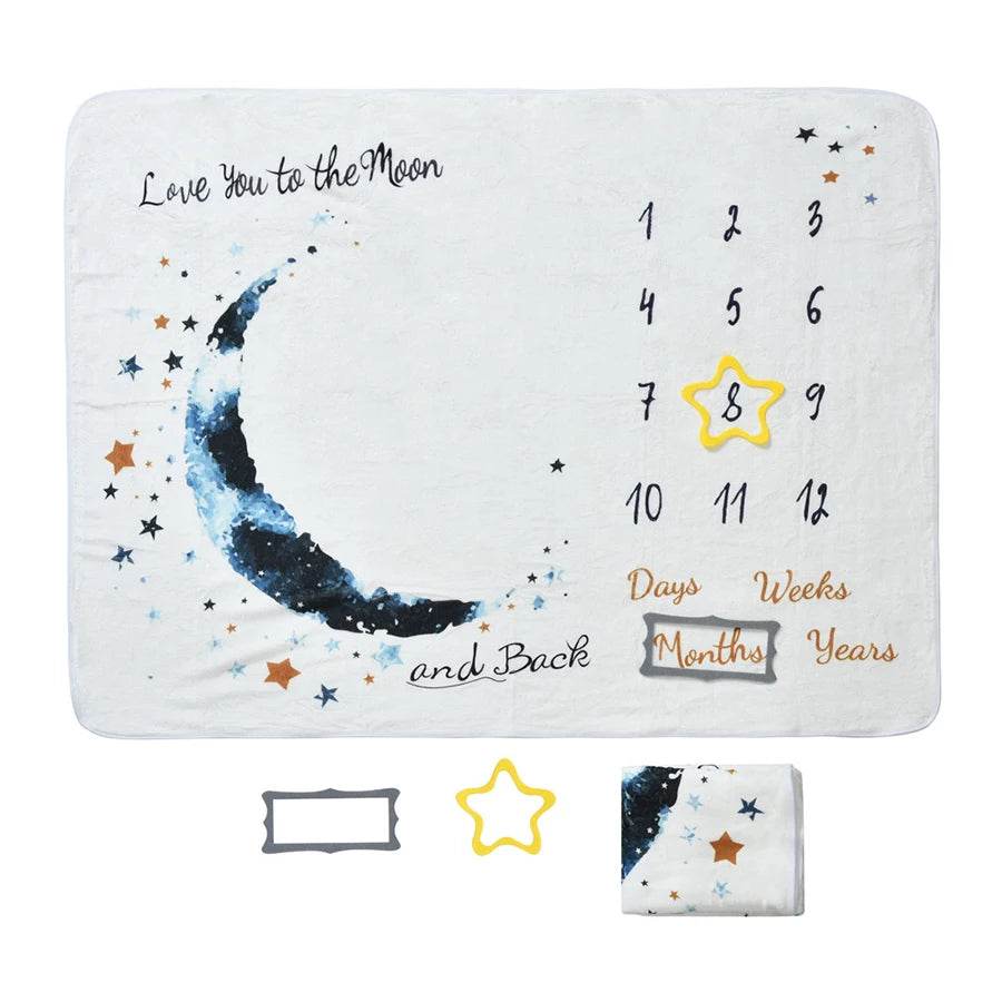 Soft white polyester baby milestone blanket with a blue watercolor moon, stars, "Love You to the Moon and Back" text, numbers 1-12, "Days, Weeks, Months, Years" text, and two marker frames.