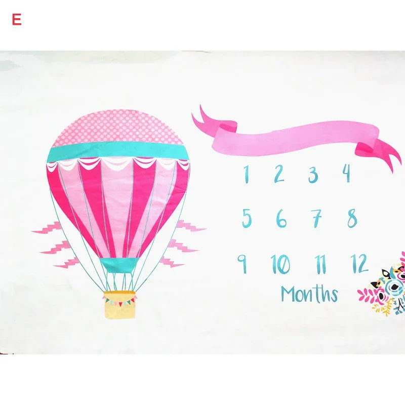 Soft white polyester baby milestone blanket with pink hot air balloon and "Months" tracking.