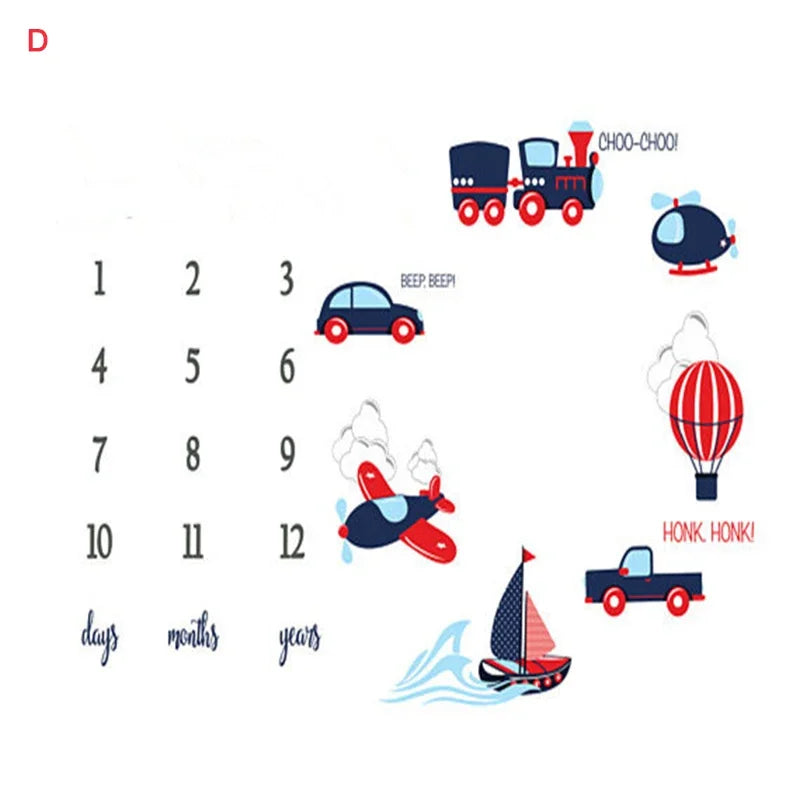 Soft white baby milestone blanket with blue and red transport vehicles, numbers 1-12, and "days, months, years.