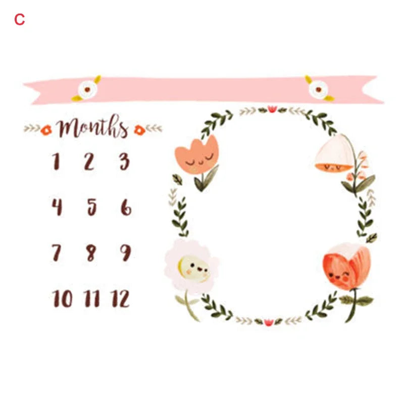Soft white polyester baby milestone blanket with "Months" and numbers 1-12, framed by colorful floral wreath.
