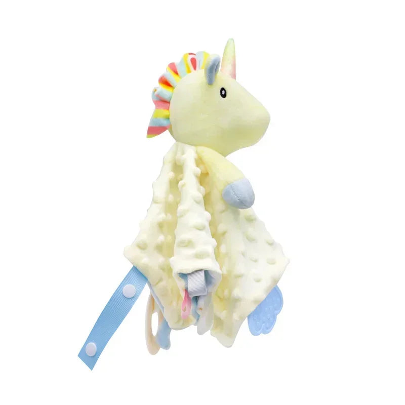 Soft yellow unicorn baby security blanket with colorful mane, teether, and clip.