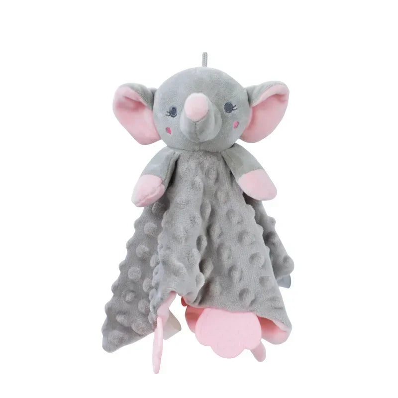 Soft gray elephant security blanket with pink ears, trunk, and textured minky fabric, featuring a teether.