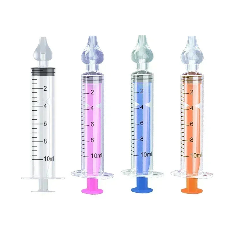 Four 10ml baby nasal aspirators with soft silicone tips, in clear, pink, blue, and orange.